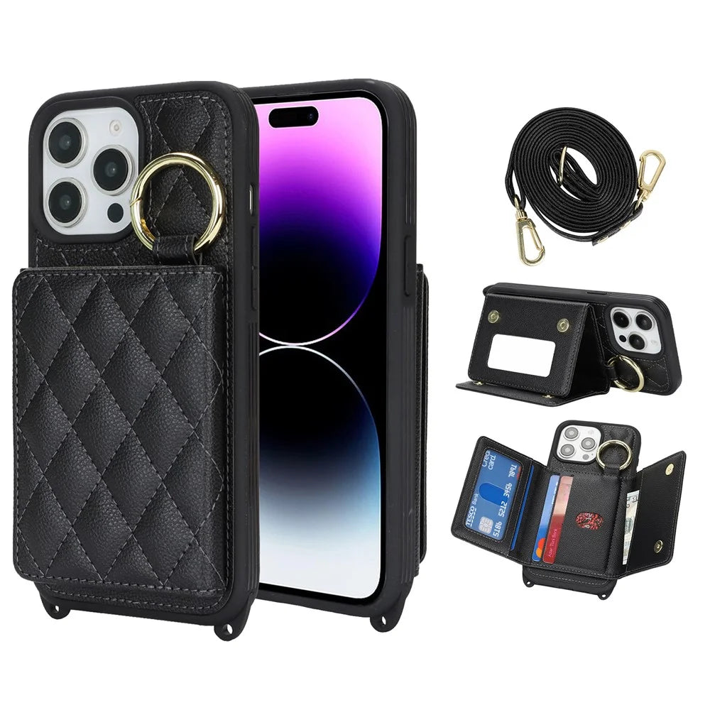 For iPhone 14 Pro Max Case with Lanyard  /  Mirror  /  Card Holder Grids Pattern RFID Blocking Phone Cover - Black - 1