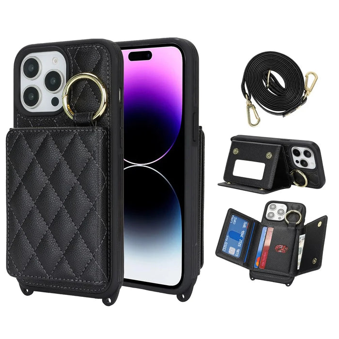 For iPhone 14 Pro Max Case with Lanyard  /  Mirror  /  Card Holder Grids Pattern RFID Blocking Phone Cover - Black - 1