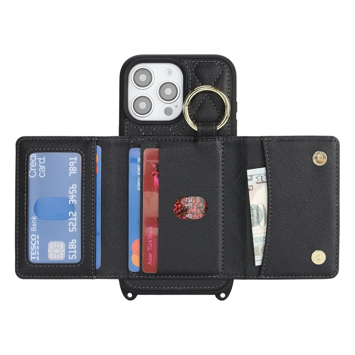 For iPhone 14 Pro Max Case with Lanyard  /  Mirror  /  Card Holder Grids Pattern RFID Blocking Phone Cover - Black - 2