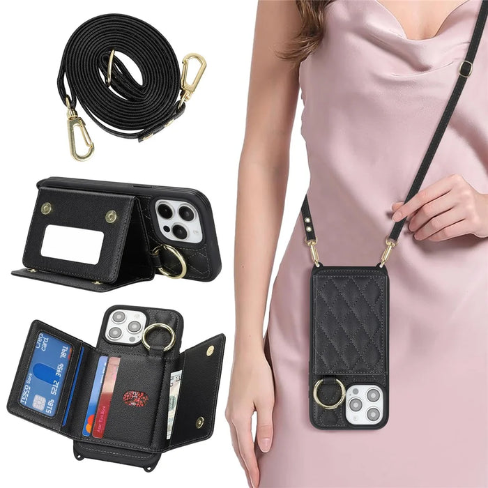 For iPhone 14 Pro Max Case with Lanyard  /  Mirror  /  Card Holder Grids Pattern RFID Blocking Phone Cover - Black - 5