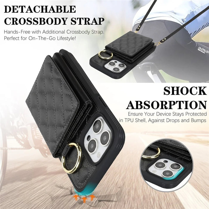For iPhone 14 Pro Max Case with Lanyard  /  Mirror  /  Card Holder Grids Pattern RFID Blocking Phone Cover - Black - 7