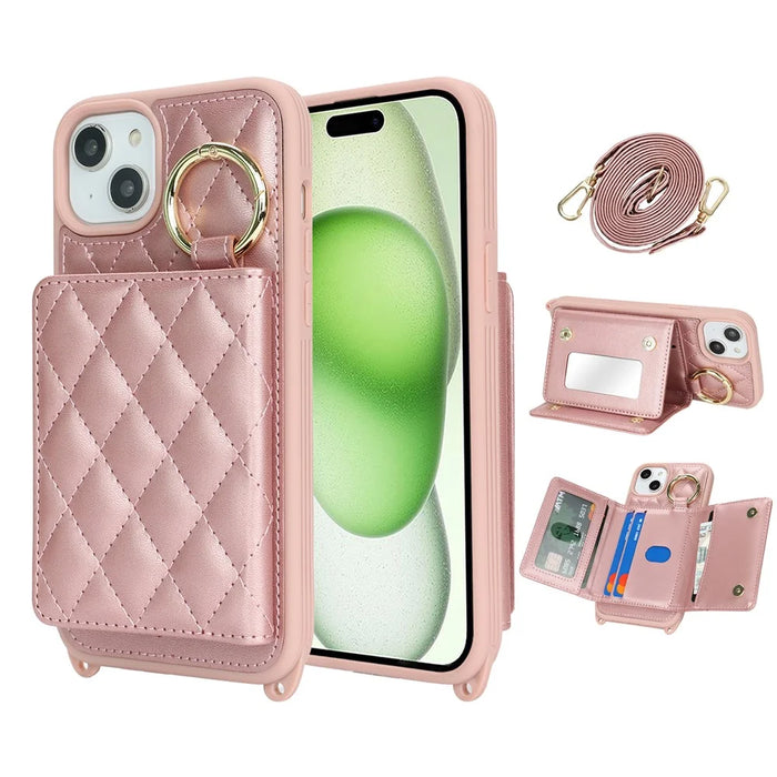 For iPhone 15 Plus / 14 Plus Case with Lanyard  /  Mirror  /  Card Holder Grids Pattern RFID Blocking Phone Cover - Rose Gold - 1