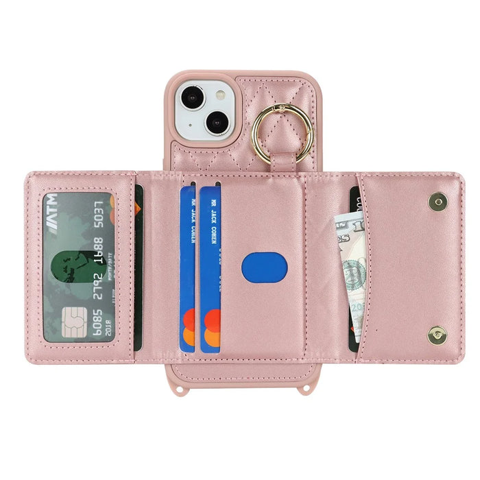 For iPhone 15 Plus / 14 Plus Case with Lanyard  /  Mirror  /  Card Holder Grids Pattern RFID Blocking Phone Cover - Rose Gold - 2
