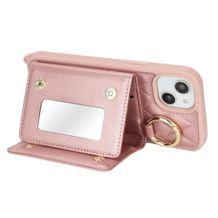 For iPhone 15 Plus / 14 Plus Case with Lanyard  /  Mirror  /  Card Holder Grids Pattern RFID Blocking Phone Cover - Rose Gold - 3