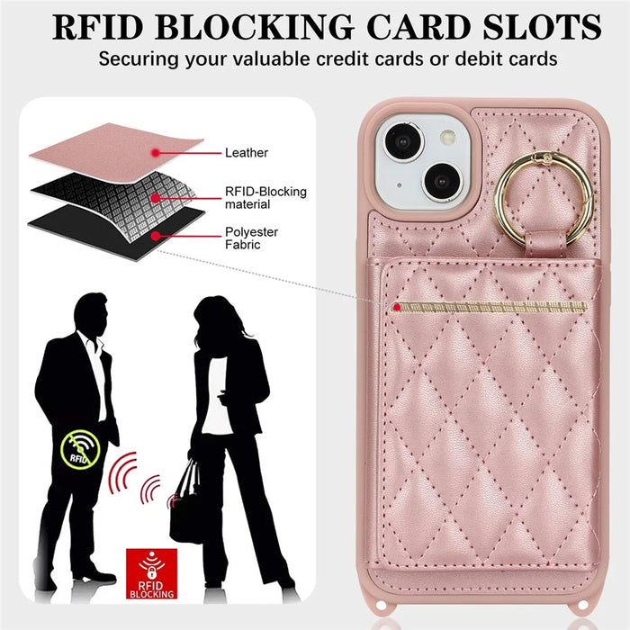 For iPhone 15 Plus / 14 Plus Case with Lanyard  /  Mirror  /  Card Holder Grids Pattern RFID Blocking Phone Cover - Rose Gold - 6