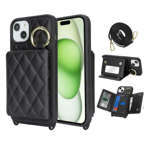 For iPhone 15 Case with Lanyard  /  Mirror  /  Card Holder Grids Pattern RFID Blocking Phone Cover - Black - 1
