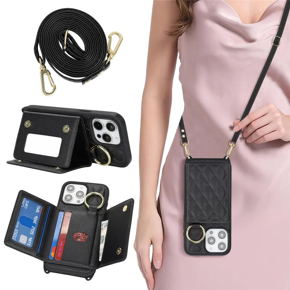 For iPhone 15 Pro Case with Lanyard  /  Mirror  /  Card Holder Grids Pattern RFID Blocking Phone Cover - Black - 5