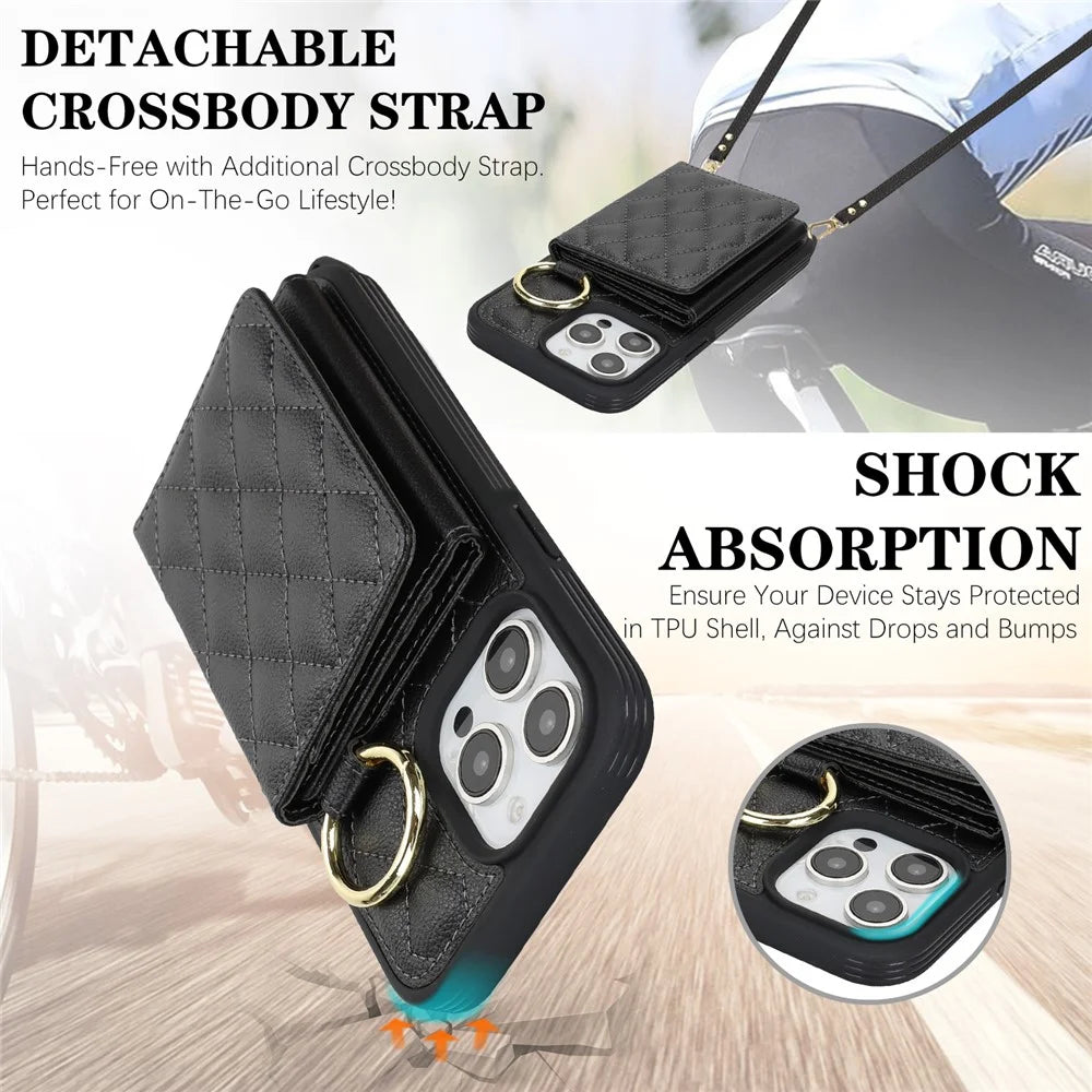 For iPhone 15 Pro Case with Lanyard  /  Mirror  /  Card Holder Grids Pattern RFID Blocking Phone Cover - Black - 7
