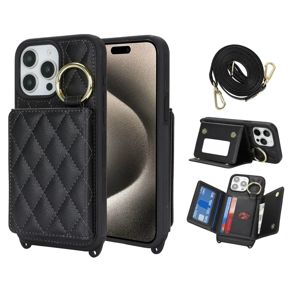 For iPhone 15 Pro Max Case with Lanyard  /  Mirror  /  Card Holder Grids Pattern RFID Blocking Phone Cover - Black - 1