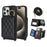 For iPhone 15 Pro Max Case with Lanyard  /  Mirror  /  Card Holder Grids Pattern RFID Blocking Phone Cover - Black - 1