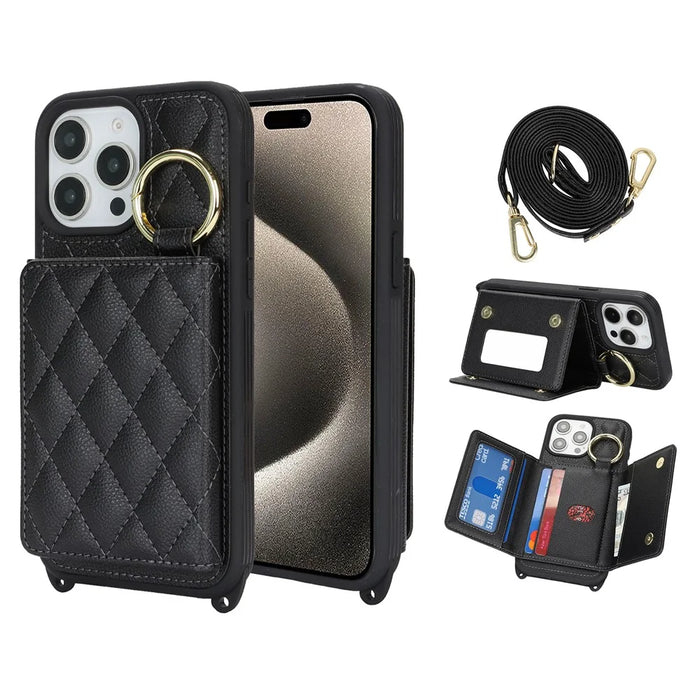 For iPhone 15 Pro Max Case with Lanyard  /  Mirror  /  Card Holder Grids Pattern RFID Blocking Phone Cover - Black - 1
