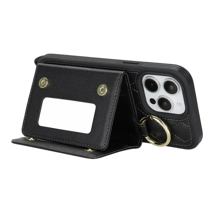 For iPhone 15 Pro Max Case with Lanyard  /  Mirror  /  Card Holder Grids Pattern RFID Blocking Phone Cover - Black - 3