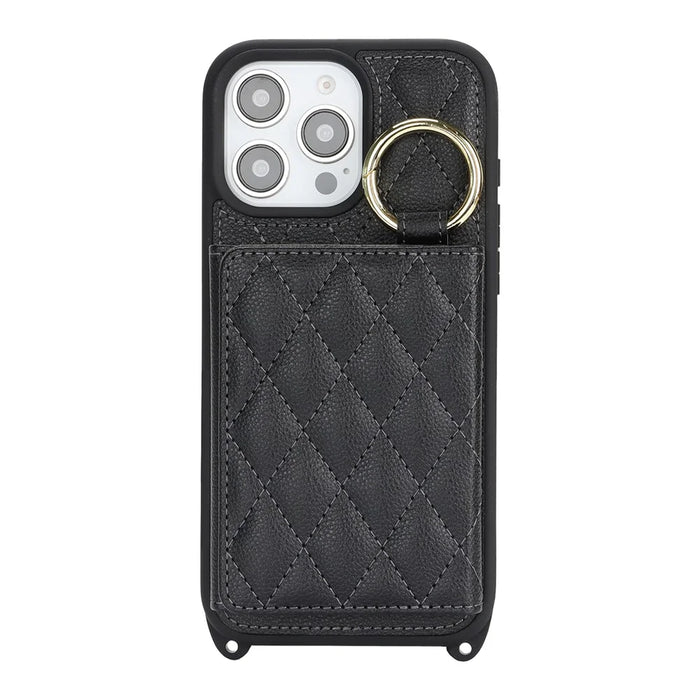 For iPhone 15 Pro Max Case with Lanyard  /  Mirror  /  Card Holder Grids Pattern RFID Blocking Phone Cover - Black - 5