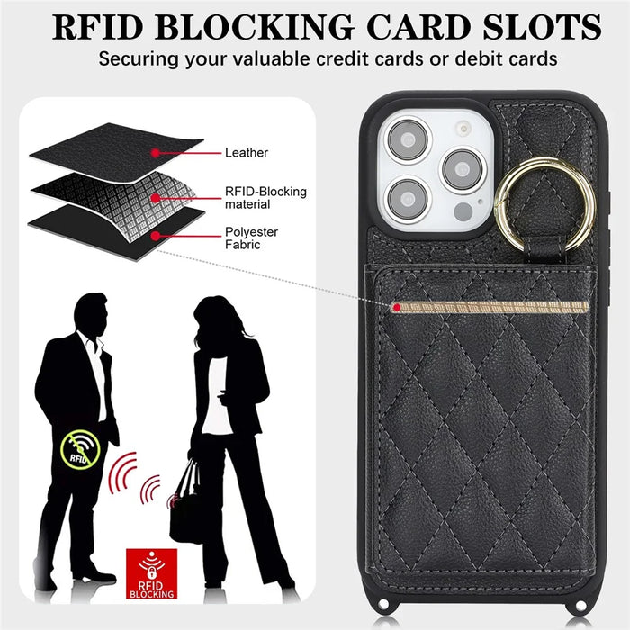 For iPhone 15 Pro Max Case with Lanyard  /  Mirror  /  Card Holder Grids Pattern RFID Blocking Phone Cover - Black - 7