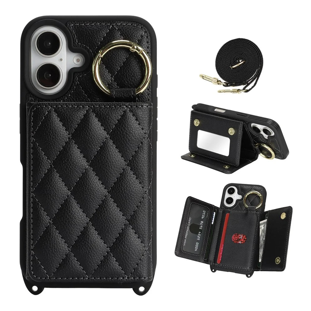 For iPhone 16 Case with Lanyard  /  Mirror  /  Card Holder Grids Pattern RFID Blocking Phone Cover - Black - 1
