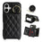 For iPhone 16 Case with Lanyard  /  Mirror  /  Card Holder Grids Pattern RFID Blocking Phone Cover - Black - 1