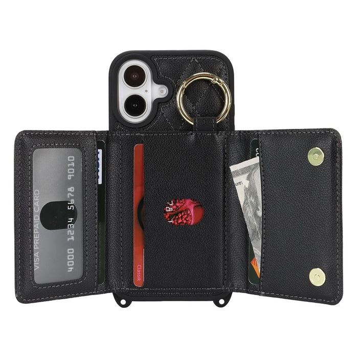 For iPhone 16 Case with Lanyard  /  Mirror  /  Card Holder Grids Pattern RFID Blocking Phone Cover - Black - 2