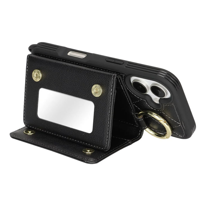 For iPhone 16 Case with Lanyard  /  Mirror  /  Card Holder Grids Pattern RFID Blocking Phone Cover - Black - 3