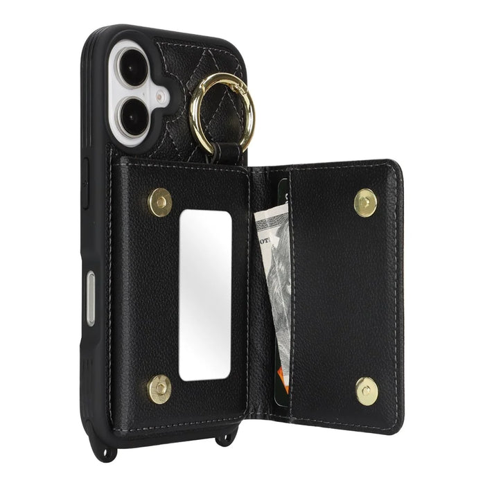 For iPhone 16 Case with Lanyard  /  Mirror  /  Card Holder Grids Pattern RFID Blocking Phone Cover - Black - 4