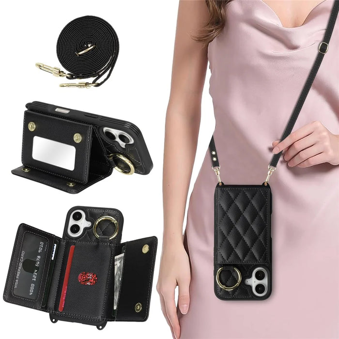 For iPhone 16 Case with Lanyard  /  Mirror  /  Card Holder Grids Pattern RFID Blocking Phone Cover - Black - 5