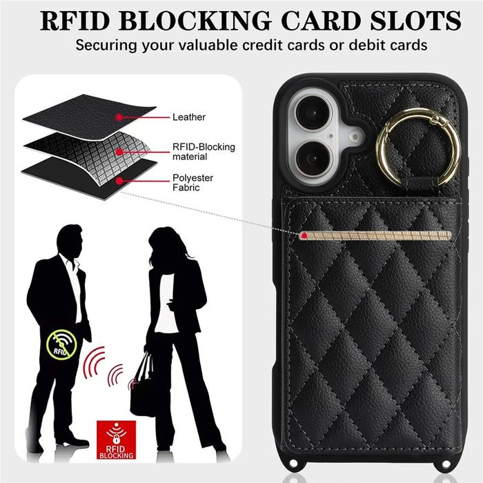 For iPhone 16 Case with Lanyard  /  Mirror  /  Card Holder Grids Pattern RFID Blocking Phone Cover - Black - 6