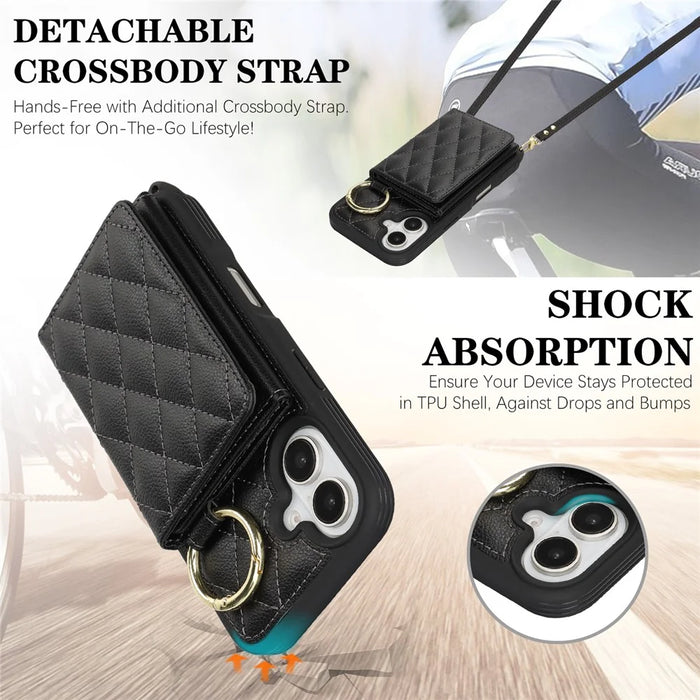For iPhone 16 Case with Lanyard  /  Mirror  /  Card Holder Grids Pattern RFID Blocking Phone Cover - Black - 7