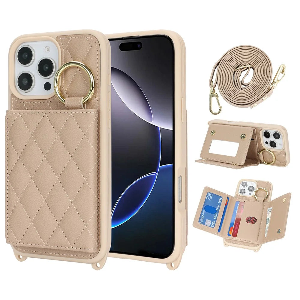 For iPhone 16 Pro Case with Lanyard  /  Mirror  /  Card Holder Grids Pattern RFID Blocking Phone Cover - Beige - 1