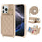 For iPhone 16 Pro Case with Lanyard  /  Mirror  /  Card Holder Grids Pattern RFID Blocking Phone Cover - Beige - 1