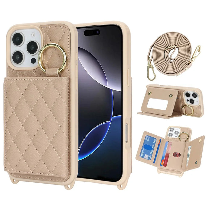 For iPhone 16 Pro Case with Lanyard  /  Mirror  /  Card Holder Grids Pattern RFID Blocking Phone Cover - Beige - 1