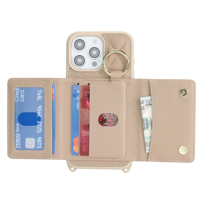 For iPhone 16 Pro Case with Lanyard  /  Mirror  /  Card Holder Grids Pattern RFID Blocking Phone Cover - Beige - 2