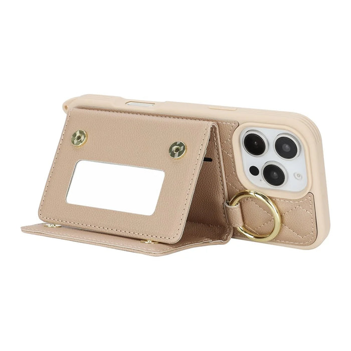 For iPhone 16 Pro Case with Lanyard  /  Mirror  /  Card Holder Grids Pattern RFID Blocking Phone Cover - Beige - 3