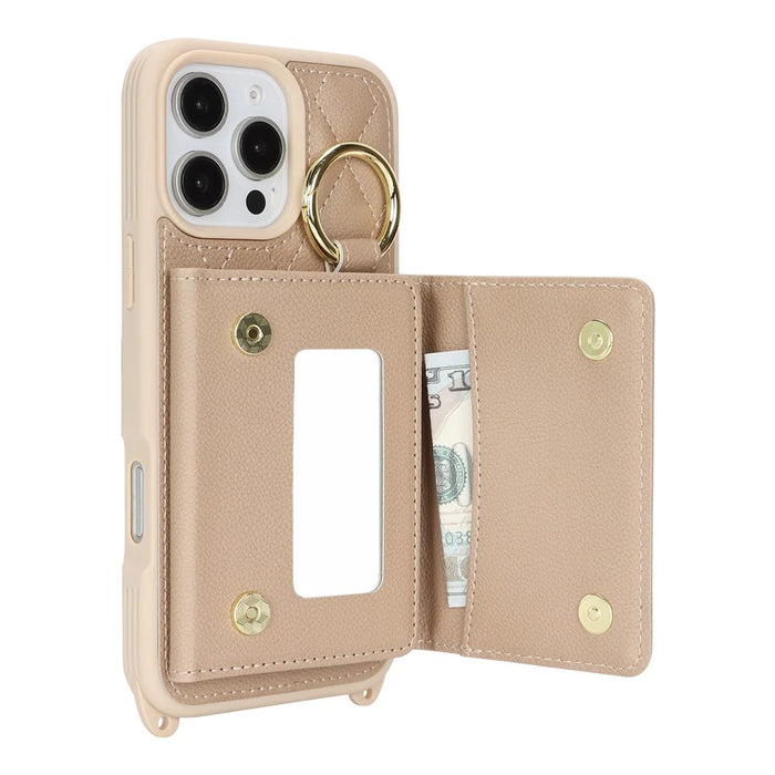 For iPhone 16 Pro Case with Lanyard  /  Mirror  /  Card Holder Grids Pattern RFID Blocking Phone Cover - Beige - 4