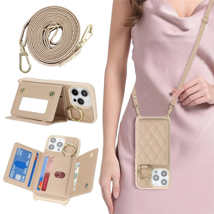 For iPhone 16 Pro Case with Lanyard  /  Mirror  /  Card Holder Grids Pattern RFID Blocking Phone Cover - Beige - 5