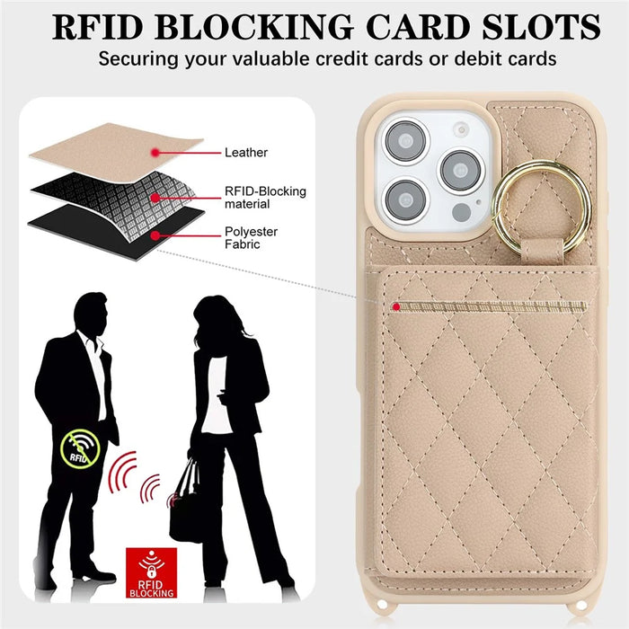 For iPhone 16 Pro Case with Lanyard  /  Mirror  /  Card Holder Grids Pattern RFID Blocking Phone Cover - Beige - 6