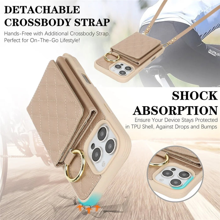 For iPhone 16 Pro Case with Lanyard  /  Mirror  /  Card Holder Grids Pattern RFID Blocking Phone Cover - Beige - 7