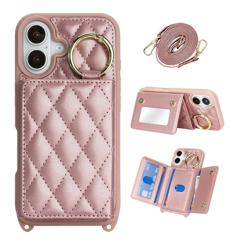 For iPhone 16 Plus Case with Lanyard  /  Mirror  /  Card Holder Grids Pattern RFID Blocking Phone Cover - Rose Gold - 1