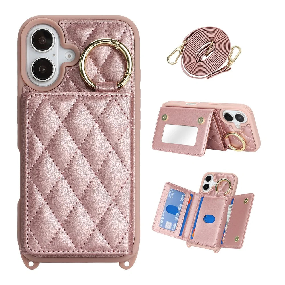 For iPhone 16 Plus Case with Lanyard  /  Mirror  /  Card Holder Grids Pattern RFID Blocking Phone Cover - Rose Gold - 1