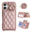 For iPhone 16 Plus Case with Lanyard  /  Mirror  /  Card Holder Grids Pattern RFID Blocking Phone Cover - Rose Gold - 1