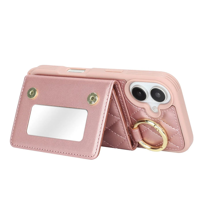 For iPhone 16 Plus Case with Lanyard  /  Mirror  /  Card Holder Grids Pattern RFID Blocking Phone Cover - Rose Gold - 3
