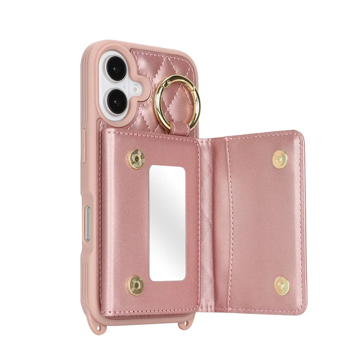 For iPhone 16 Plus Case with Lanyard  /  Mirror  /  Card Holder Grids Pattern RFID Blocking Phone Cover - Rose Gold - 4