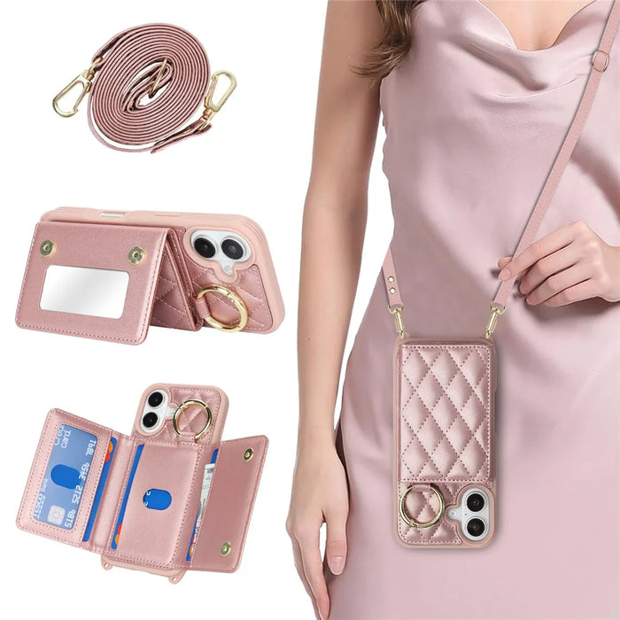 For iPhone 16 Plus Case with Lanyard  /  Mirror  /  Card Holder Grids Pattern RFID Blocking Phone Cover - Rose Gold - 5