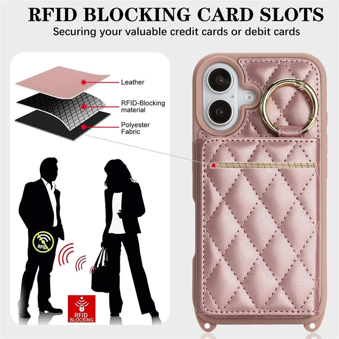 For iPhone 16 Plus Case with Lanyard  /  Mirror  /  Card Holder Grids Pattern RFID Blocking Phone Cover - Rose Gold - 6