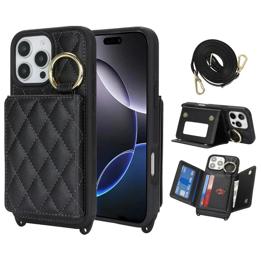For iPhone 16 Pro Max Case with Lanyard  /  Mirror  /  Card Holder Grids Pattern RFID Blocking Phone Cover - Black - 1