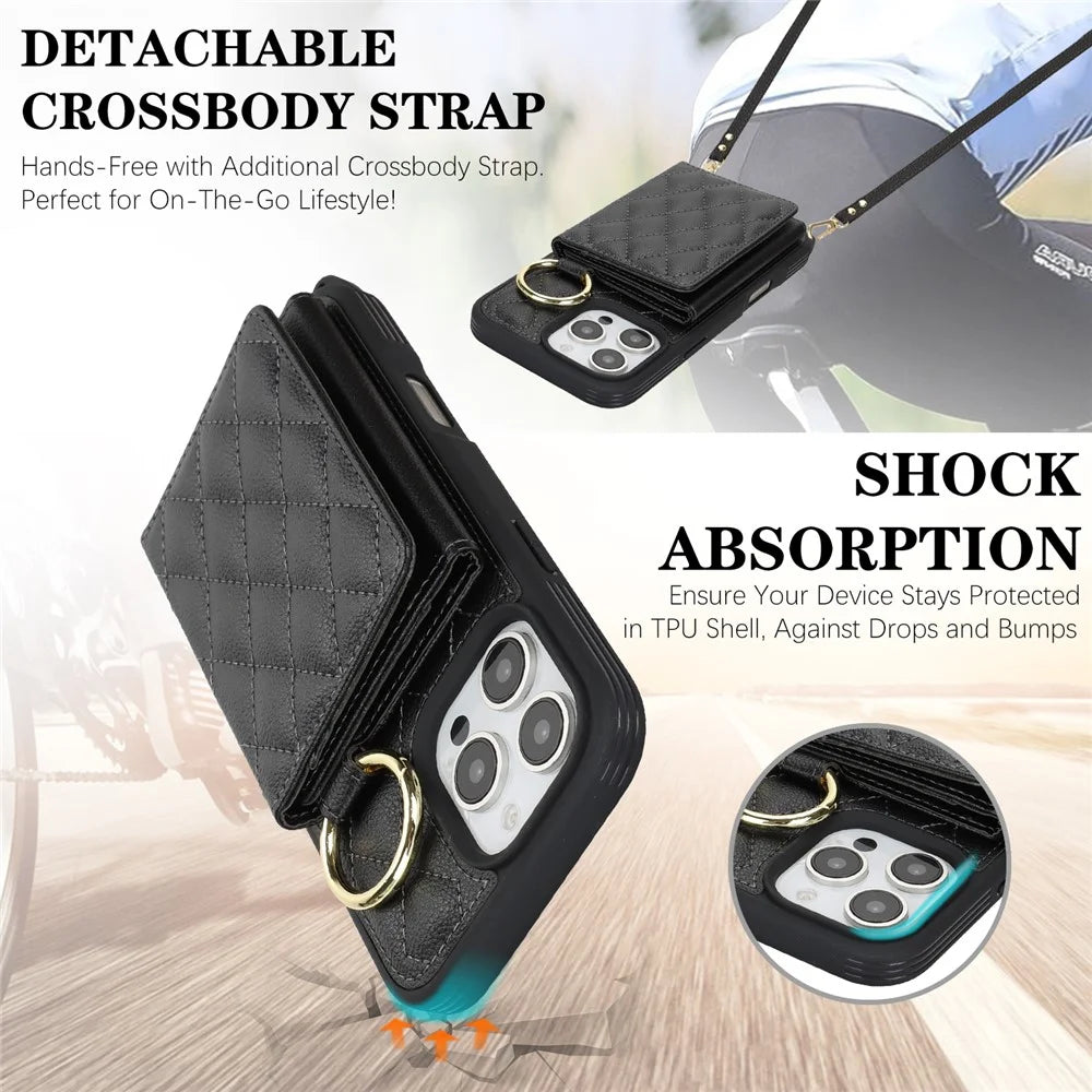 For iPhone 16 Pro Max Case with Lanyard  /  Mirror  /  Card Holder Grids Pattern RFID Blocking Phone Cover - Black - 7