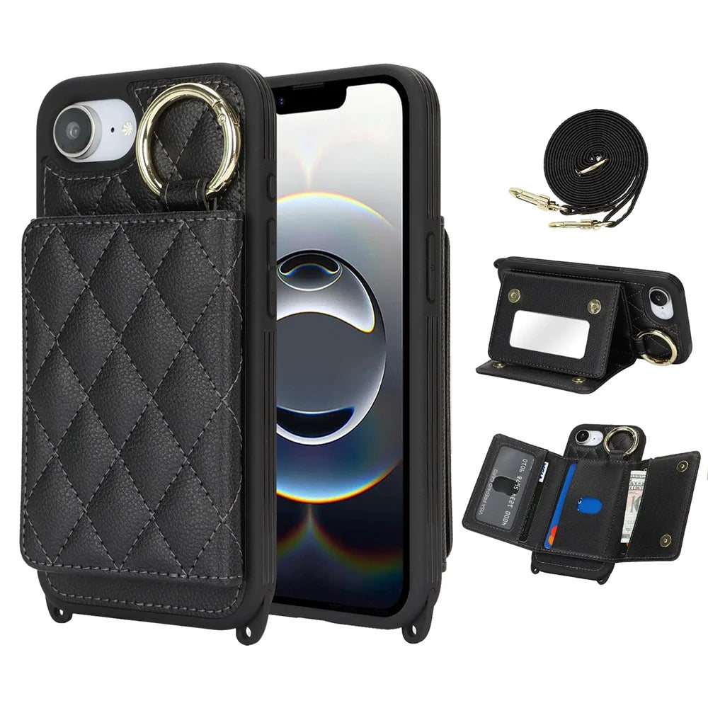 For iPhone 17e / 16e Case with Lanyard  /  Mirror  /  Card Holder Grids Pattern RFID Blocking Phone Cover - Black - 1