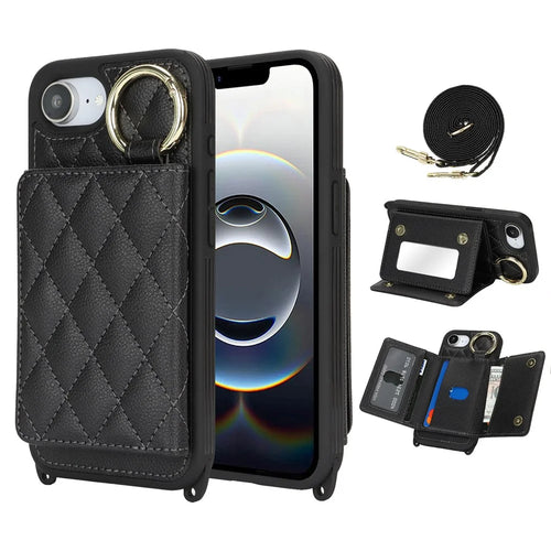 For iPhone 17e / 16e Case with Lanyard  /  Mirror  /  Card Holder Grids Pattern RFID Blocking Phone Cover - Black - 1