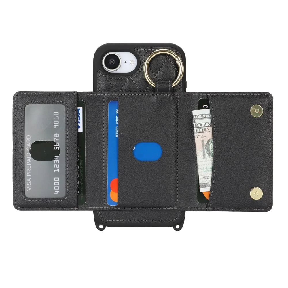 For iPhone 17e / 16e Case with Lanyard  /  Mirror  /  Card Holder Grids Pattern RFID Blocking Phone Cover - Black - 2