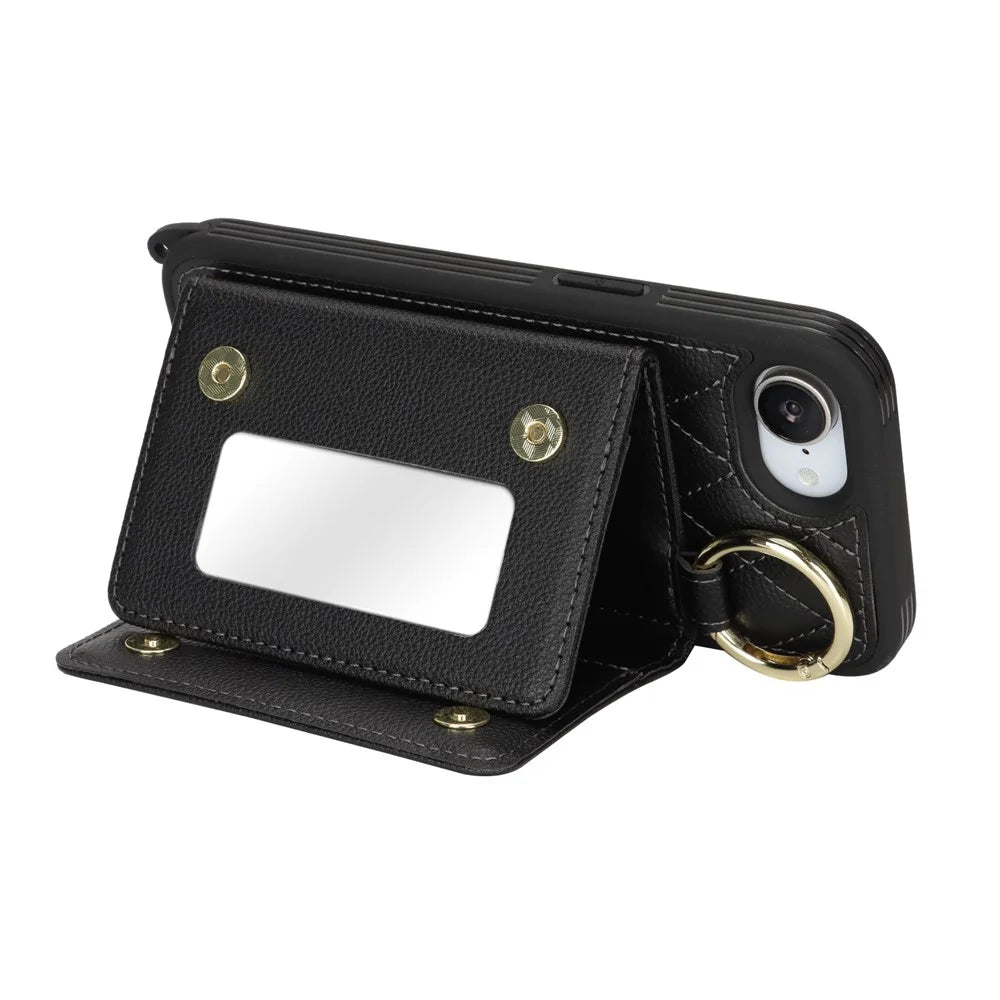For iPhone 17e / 16e Case with Lanyard  /  Mirror  /  Card Holder Grids Pattern RFID Blocking Phone Cover - Black - 3