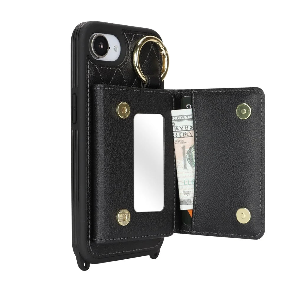 For iPhone 17e / 16e Case with Lanyard  /  Mirror  /  Card Holder Grids Pattern RFID Blocking Phone Cover - Black - 4