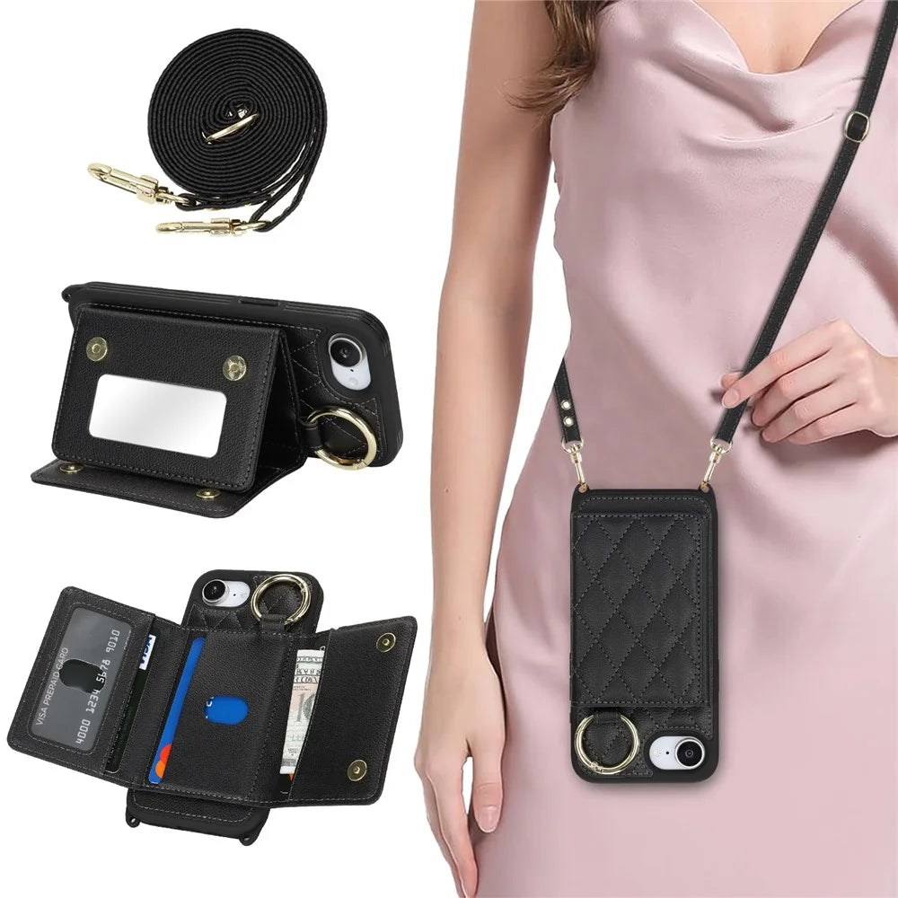 For iPhone 17e / 16e Case with Lanyard  /  Mirror  /  Card Holder Grids Pattern RFID Blocking Phone Cover - Black - 5
